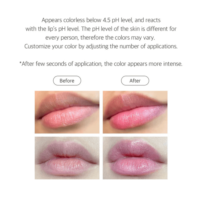 descrizione di come il lip balm needly reagisce al ph della pelle e sotto 4 immagini di labbra del prima e dopo l'utilizzo.