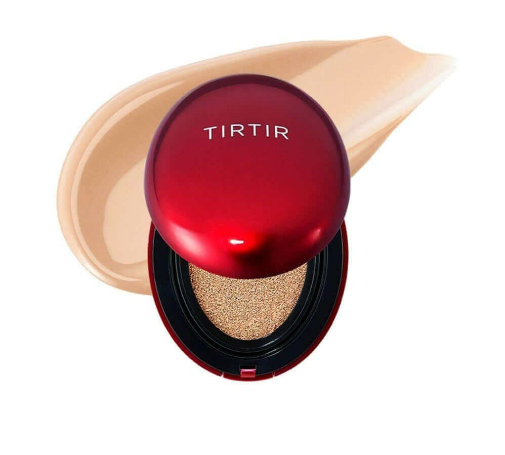 cushion mask fit red di tir tir, confezione colore rosso intenso e lucido e sul retro dell'immagine si vede la texture e la colorazione del cushion, in questo caso il colore sand 23n
