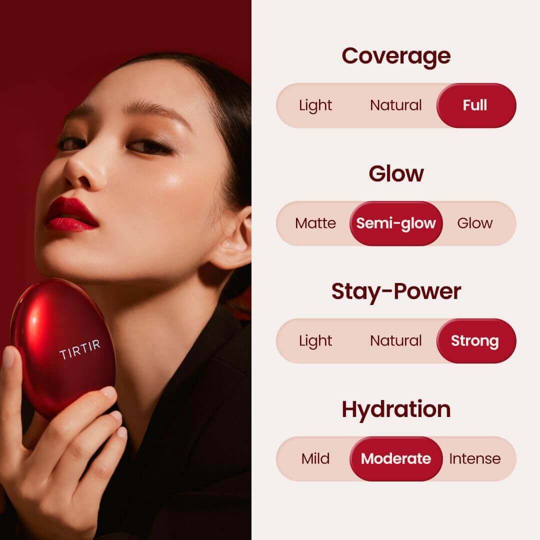 sulla sinistra immagine suggestiva di ragazza asiatica con in mano il cushion di tir tir, il tutto su sfondo rosso. A lato descrizione delle specifiche del cushion come la coprenza, la luminosità, idratazione e resistenza