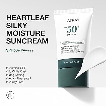 ANUA Heartleaf Silky Moisture Sun Cream SPF50+ PA++++ 50ml – Crema Solare Coreana Lenitiva