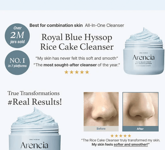 ARENCIA Fresh Blue Hyssop Rice Mochi Cleanser 120g - Detergente viso effetto mochi