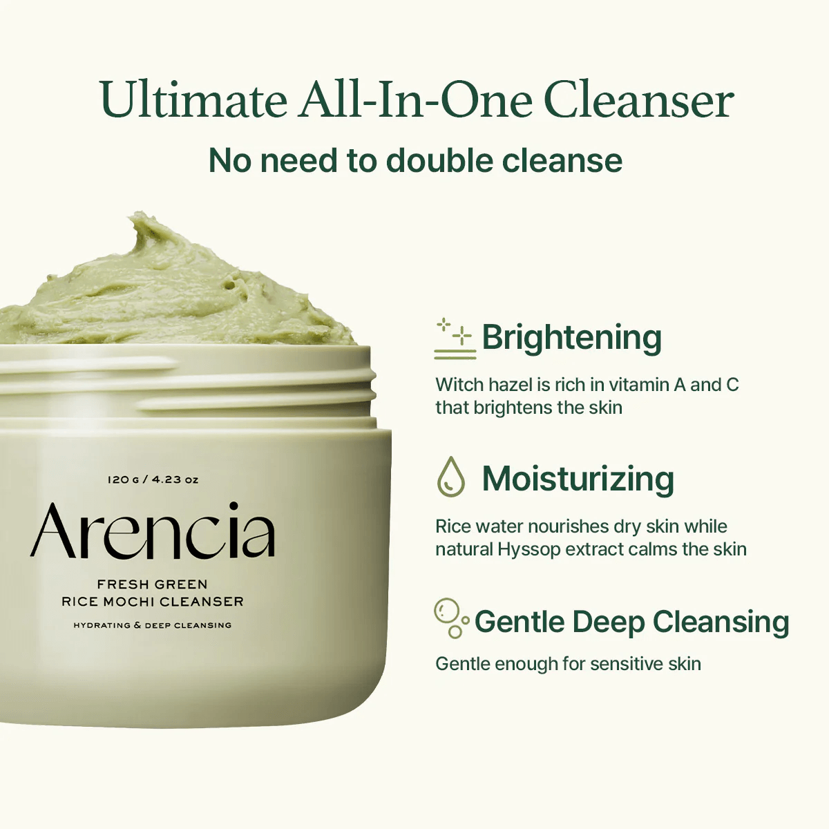 ARENCIA Fresh Green Rice Mochi Cleanser 120g - Detergente viso effetto mochi