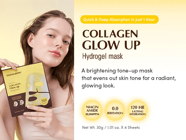 EQQUALBERRY Collagen Glow Up Hydrogel Mask 34g - Maschera viso coreana illuminante in idrogel