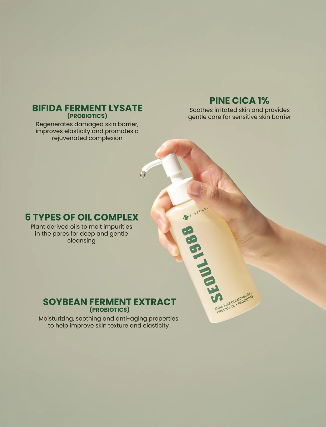 K-SECRET SEOUL 1988 Cleansing Oil : Pine Cica 1% + Probiotics 200ml - Olio detergente con probiotici e aghi di pino